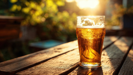 A cold glass of beer sits on a rustic wooden table as the sun sets, creating a warm glow in a peaceful outdoor space. The surrounding greenery enhances the relaxing atmosphere.の素材