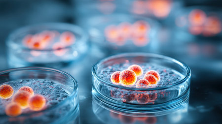 Petri dishes contain various microbial cultures glowing brightly in a lab setting at night. The vibrant colors reveal active growth and diverse cell patterns, showing scientific research in action.の素材