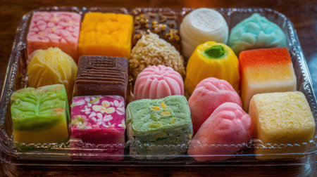 A vibrant collection of various traditional sweets is presented in a transparent tray. The sweets showcase bright colors, intricate designs, and diverse textures, capturing the eye.の素材
