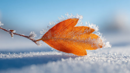 An orange leaf covered in frost rests on a blanket of snow, glistening in the early morning light. The clear blue sky adds to the serene winter atmosphere.の素材