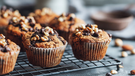 Warm chocolate walnut muffins sit on a cooling rack in a cozy kitchen. The muffins are adorned with chocolate chips and walnuts, inviting a delightful treat moment.の素材
