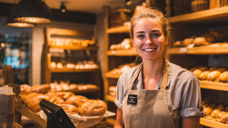 In a warm bakery, a young woman stands behind a counter filled with various types of freshly baked bread. She smiles brightly, welcoming customers.の素材