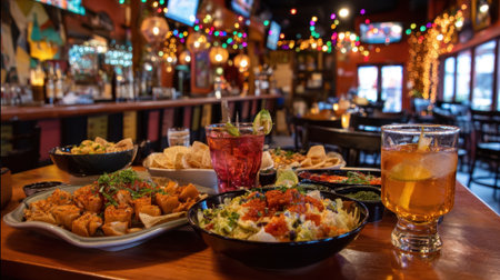 Tables are set with a variety of colorful dishes and drinks in a lively restaurant. Twinkling lights and decorations create a warm, inviting atmosphere for diners.の素材