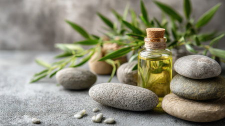 A small glass bottle of olive oil stands next to smooth pebbles and fresh green leaves, creating a peaceful spa-like setting that emphasizes relaxation and natural beauty.の素材