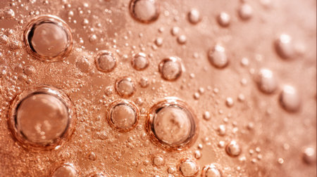 Small bubbles float in a sparkling drink, creating a lively and shimmering effect. The light catches the bubbles, giving a warm, inviting glow. This scene showcases effervescence and fluidity.の素材