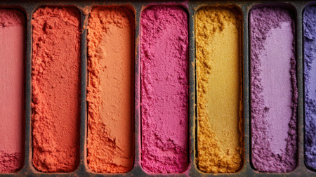 Bright pastels in warm and cool tones are arranged neatly in a metal case. The vibrant colors invite creativity and artistic expression, ideal for painting or drawing.の素材