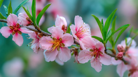 Soft pink flowers bloom on a branch, surrounded by lush green leaves, creating a serene scene in a spring garden under clear skies and warm sunlight.の素材