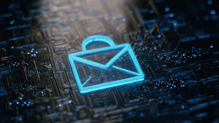 A glowing digital envelope icon is displayed on a dark circuit board background, representing modern communication. This visual illustrates the blend of technology and messaging in the digital age.の素材