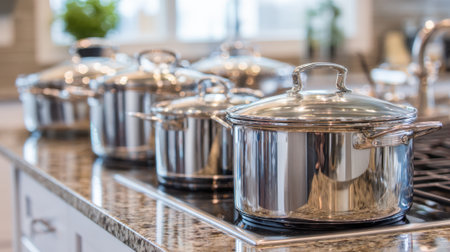 A collection of stainless steel pots and pans is neatly arranged on the stovetop of a well-lit modern kitchen. Sunlight streams in, enhancing the clean, elegant design.の素材