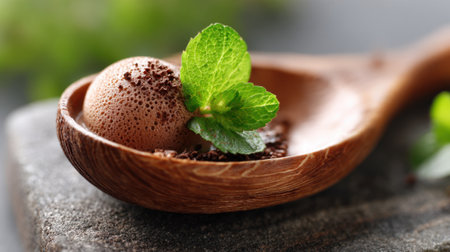 A rich chocolate mousse ball with a mint leaf garnish sits on a handcrafted wooden spoon. The setting features a stone surface with green herbs in the background.の素材