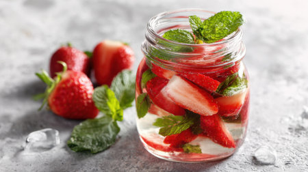 Cool and refreshing strawberry and mint infused water is displayed in a clear jar. Fresh strawberries and mint leaves float in the liquid, creating a vibrant drink perfect for summer.の素材