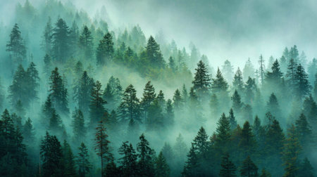 Dense evergreen trees fill the scene, surrounded by a thick mist in a peaceful forest. Soft light filters through the trees in the early morning.の素材