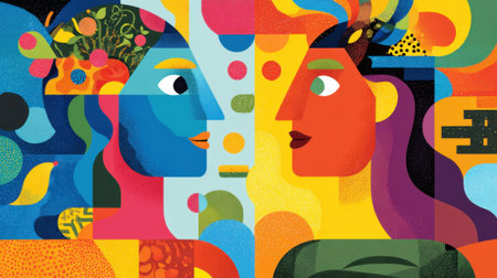 Two abstract faces share a lively conversation in this colorful mural. The artwork features bright geometric shapes, representing diversity and connection in a joyful style.の素材