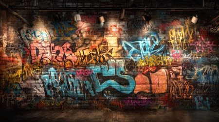 Vibrant graffiti covers a brick wall, showing artistic expressions in various colors. Bright studio lights illuminate the street art, creating an energetic atmosphere in the indoor space.の素材