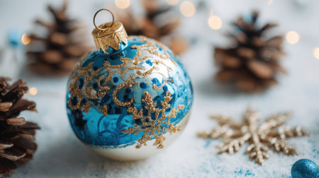 A beautiful blue ornament decorated with snowflakes rests beside pine cones and sparkling lights, capturing the spirit of the winter holiday season in a cozy setting.の素材