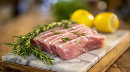 Pork chops are neatly arranged on a marble cutting board, accompanied by sprigs of fresh rosemary and sliced lemons. This cozy kitchen setting invites culinary creativity.の素材
