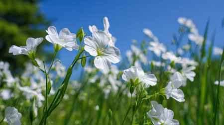 Delicate white flowers dot a lush green meadow under a clear blue sky, creating a serene and peaceful atmosphere in nature during daytime.の素材