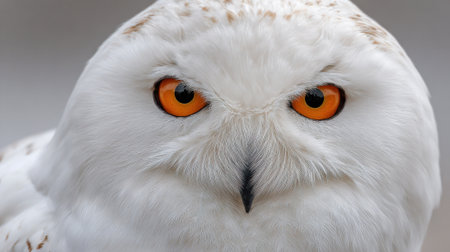 A snowy owl sits calmly, its bright orange eyes shining in the light. The bird's white feathers show intricate patterns, highlighting the beauty of this majestic creature in the wild.の素材