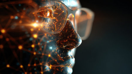 A close-up view of a human face enhanced with glowing circuits and digital patterns. This artwork symbolizes the integration of technology and human intelligence in a modern context.の素材