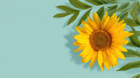 A vibrant sunflower stands out with its golden petals and brown center, surrounded by green leaves, set against a calming light blue background that enhances its beauty.の素材