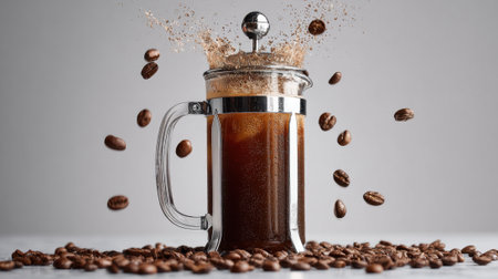 Freshly brewed coffee erupts from a French press, creating a dynamic splash. Coffee beans are scattered around, adding to the vibrant kitchen scene.の素材