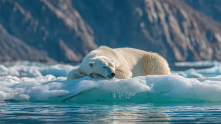 A polar bear lies peacefully on an ice floe, surrounded by shimmering water under a clear blue sky. The mountains in the background highlight the wilderness of the Arctic.の素材