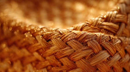 This scene showcases a close-up view of a handmade basket, highlighting its woven texture and warm hues. The craftsmanship is evident in the intricate patterns that reflect light beautifully.の素材