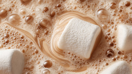 A warm drink filled with frothy liquid has soft marshmallows floating on top. The scene captures a cozy winter atmosphere perfect for relaxation.の素材