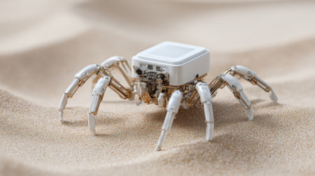 The robotic crab navigates the soft sand, demonstrating its intricate mechanics and design. It embodies a fascinating blend of nature and technology in a calm setting.の素材