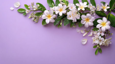 Fragrant white flowers with yellow centers are artistically arranged alongside lush green leaves on a smooth purple background. This setup evokes a fresh and cheerful spring atmosphere.の素材