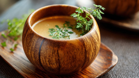 A steaming herbal drink is enjoyed from a crafted wooden bowl, garnished with fresh herbs. This cozy scene evokes warmth and comfort, ideal for sharing with friends or family.の素材