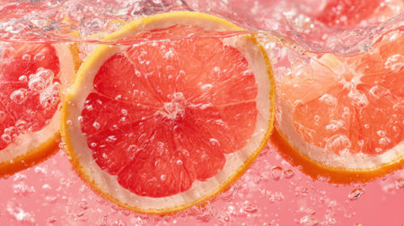 Fresh grapefruit slices are submerged in sparkling water, creating bubbles and vibrant colors. The pink background enhances the lively and refreshing atmosphere of the moment.の素材