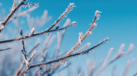 Delicate frost covers bare branches against a bright blue sky, creating a picturesque winter scene. The cold air enhances the beauty of nature's icy artwork.の素材