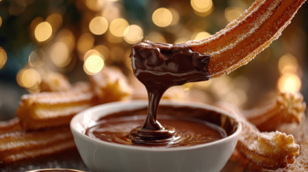 A golden churro is dipped into a bowl of thick chocolate sauce. Surrounding the chocolate are blurred festive lights, creating a warm atmosphere. This scene captures a moment of indulgence.の素材