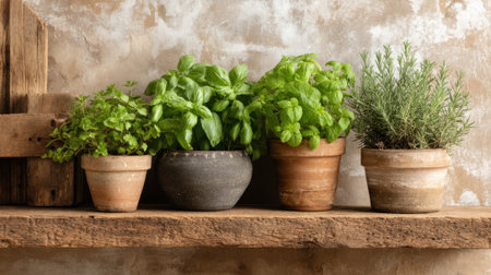 Various pots with fresh herbs like basil, mint, and rosemary are neatly arranged on a rustic wooden shelf. The textured wall creates a warm and inviting atmosphere.の素材