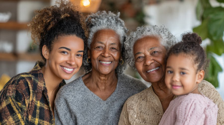 Four generations of women smile together in a cozy indoor space filled with greenery. They share a joyful moment, reflecting love and family bonds.の素材