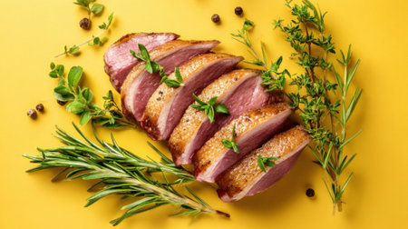 Sliced duck breast is beautifully arranged on a bright yellow surface, surrounded by fresh herbs like rosemary, thyme, and oregano, creating a vibrant culinary scene.の素材