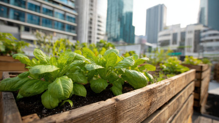 A vibrant rooftop garden features leafy plants growing in wooden planters. Tall buildings surround the area, with warm afternoon light illuminating the scene.の素材