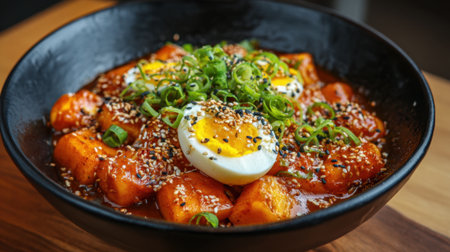 A vibrant dish showcases tender sweet potato pieces drenched in spicy sauce. Soft-boiled eggs and fresh scallions create a colorful topping. Perfect for a comforting meal.の素材