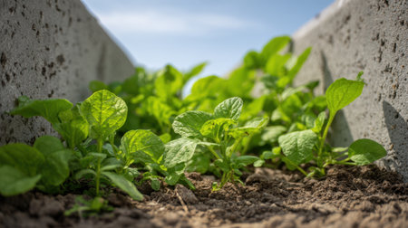 Vegetation thrives in garden soil, with vibrant green leaves reaching for sunlight. The scene captures a close-up view of young plants in a row, showing their growth and vitality.の素材
