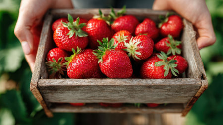 A person holds a wooden crate filled with vibrant red strawberries in a lush green field. The sun is shining, creating a warm farming atmosphere, perfect for harvesting fruit.の素材