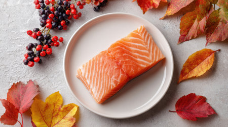 A vibrant salmon fillet rests on a white plate, highlighted by colorful autumn leaves and dark berries arranged around it. The setting evokes a seasonal feel of harvest.の素材
