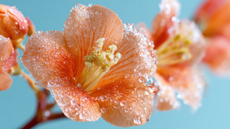 A vibrant orange flower displays intricate details, adorned with sparkling dew drops. Set against a calming blue backdrop, it showcases nature's beauty in early morning light.の素材