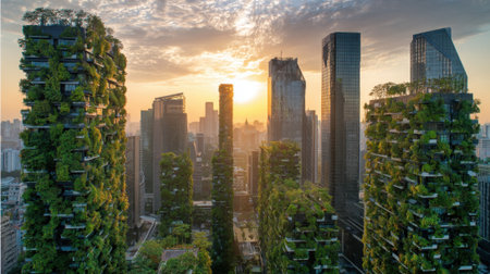 Skyscrapers with lush green vertical gardens reach for the sky as the sun sets behind them, casting a warm glow over the modern city. The scene highlights sustainable architecture.の素材