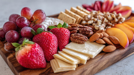 A vibrant platter showcases a variety of fresh fruits, cheeses, nuts, and crackers. Grapes, strawberries, apples, and sliced cheeses create an inviting display perfect for gatherings.の素材
