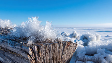 Intricate ice crystals clinging to a rustic log near a frozen shoreline. The scene captures the beauty of winter with a bright blue sky overhead. The contrast of textures is striking and serene.の素材