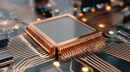 A detailed look at a microchip mounted on a circuit board showcases its copper connections and glowing lights. This scene highlights technology and innovation in a modern setting.の素材
