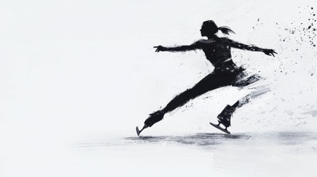 A woman is skating on ice with her arms outstretched. The image is a black and white drawing of a woman on skatesの素材