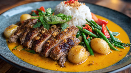 A beautifully arranged plate features grilled meat, tender potatoes, and fresh vegetables besides fluffy rice, all topped with herbs and vibrant sauce. Perfect for food lovers.の素材