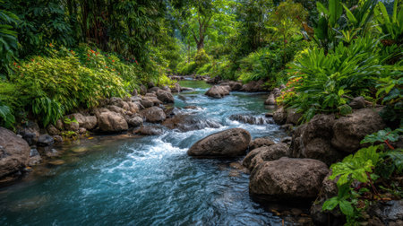 A clear river winds through a vibrant tropical jungle, surrounded by thick greenery and rocky outcrops. The sunlight filters through the leaves, creating a tranquil atmosphere.の素材
